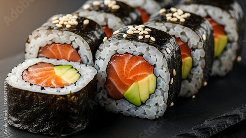 Delicious salmon sushi rolls with avocado and sesame seeds