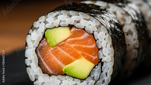Delicious salmon sushi roll with avocado on a plate