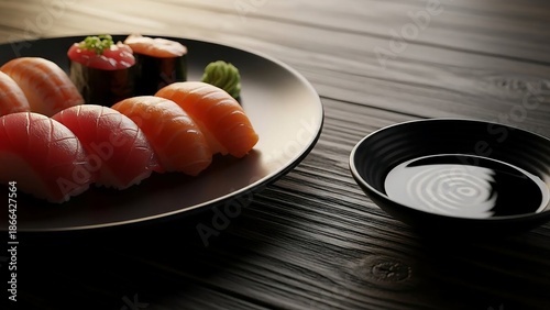 Delicious sushi on a plate with soy sauce on a wooden table