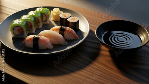 Delicious sushi rolls and nigiri on plate with soy sauce