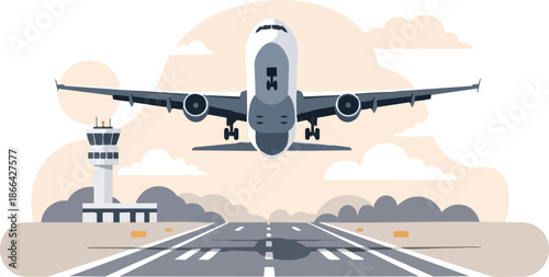 Airplane taking off from airport runway with control tower.