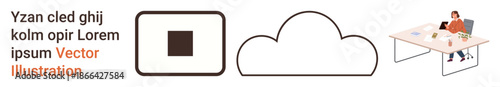 Cloud computing, digital connectivity, remote work, data management, workspace setup, online collaboration. Cloud shape and workspace with a person at a desk. Cloud computing and digital connectivity
