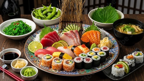 Delicious sushi platter with assorted rolls and sashimi