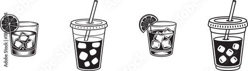 iced drink cup icons black and white minimal beverage illustration set