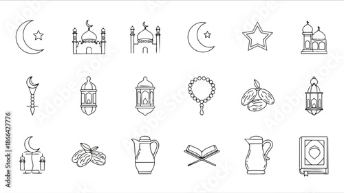 Ramadan and Eid Mubarak Islamic celebration line art icons.