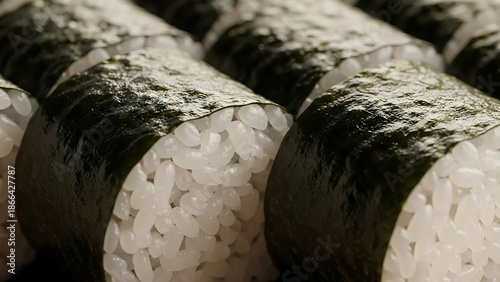 Delicious sushi rolls with seaweed and rice close-up