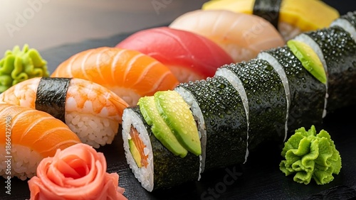 Delicious sushi rolls and nigiri on a black plate