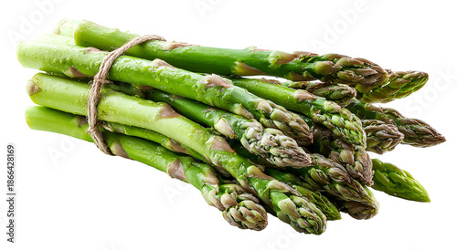 A bundle of fresh, green asparagus spears tied together with twine, isolated on black (1)