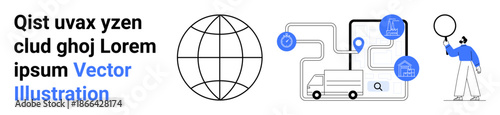 Delivery truck connected by lines to map pins, a globe, and a person holding a balloon. Ideal for global shipping, logistics, delivery tracking, e-commerce, navigation, business and simple landing