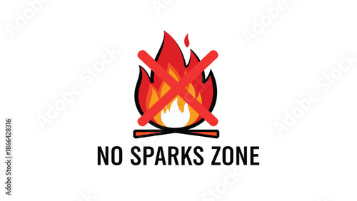 Simple graphic design illustrating a clear warning sign indicating a designated no sparks zone where open flames are strictly prohibited for safety reasons