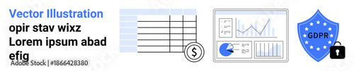 Data table with currency sign, analytics dashboard with charts, GDPR compliance shield with lock icon. Ideal for corporate security, data privacy, analytics, compliance, finance, reports simple