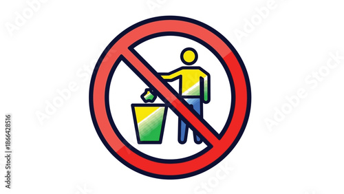 Graphic illustration of a brightly colored stylized prohibition sign overlaying a figure disposing of trash into a container indicating no littering is permitted anywhere