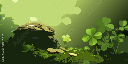 A digital painting of a treasure pot surrounded by vibrant clover leaves