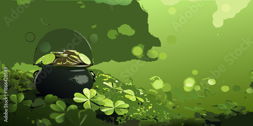 A black pot overflowing with gold coins amidst lush green clover leaves