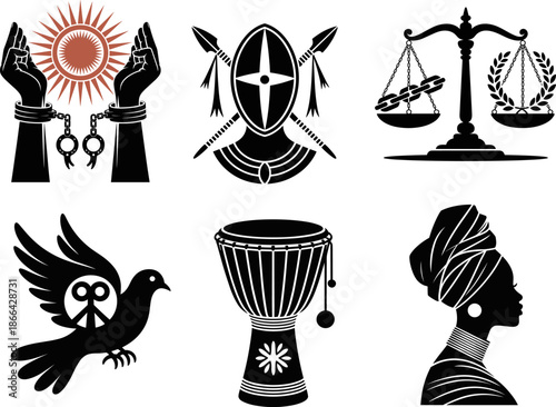 Powerful African Symbol Set Vector: Freedom, Justice Scales, Chained Hands Breaking Shackles, Warrior Shield, Djembe Drum, and Cultural Woman Silhouette.