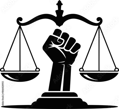 Uprising Justice Symbol: Vector Illustration of a Clenched Fist Rising Through the Scales of Justice, Representing Civil Rights, Legal Reform, and the Fight for Equality and Social Change.