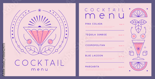 Retro line art restaurant cocktail menu design. Vector illustration