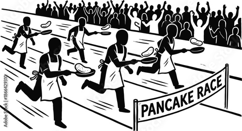 Pancake race participants running with frying pans outdoors