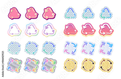 イラスト素材＿ホログラム風のステッカー風の矢印セット（三角と丸の矢印のループ記号）