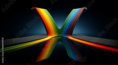 Colorful rainbow is reflected in the water. The rainbow is made up of many different colors, including red, orange