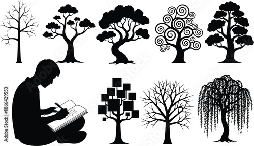 Tree silhouettes, abstract forest elements, creative nature icons, artistic tree shapes, person sketching, inspiration from nature, stylized foliage, vector design