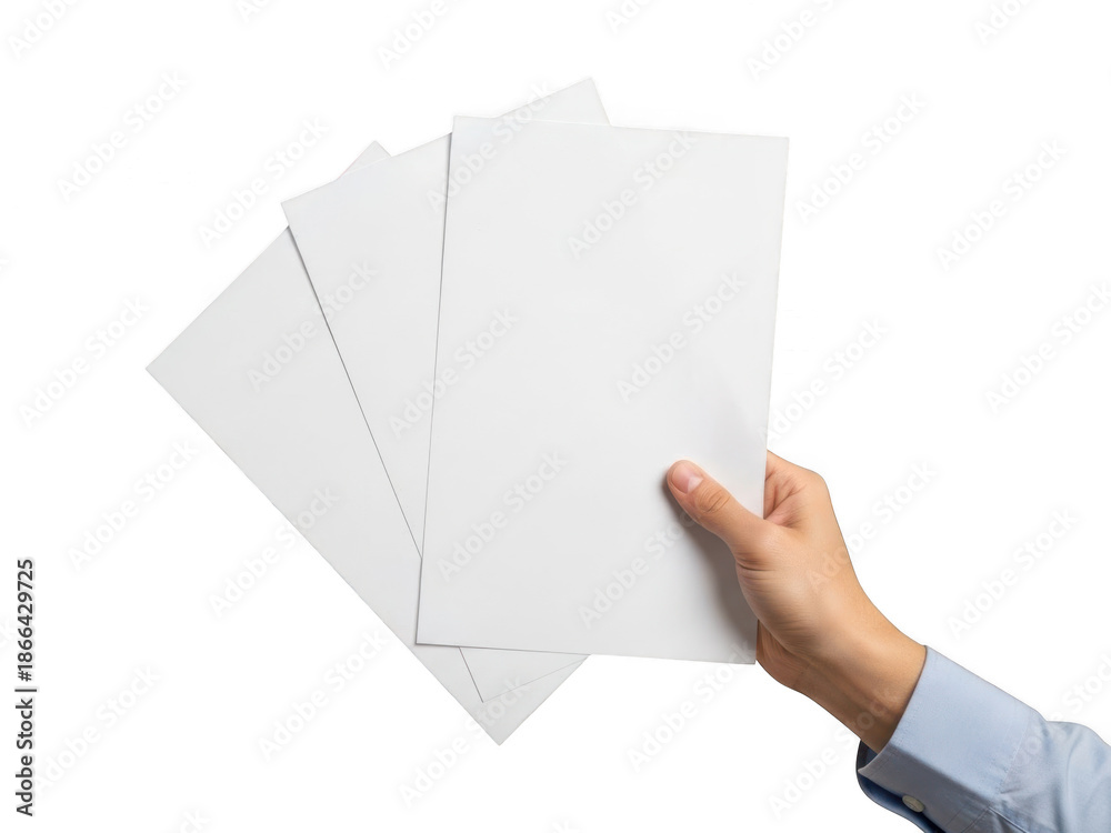Fototapeta premium Hand holding stack of papers isolated on transparent background