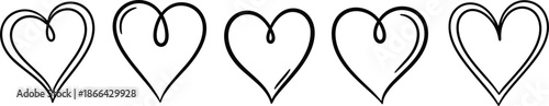 Hand drawn heart outline collection in minimalist line art style symbolizing love romance valentine design elements isolated on white background
