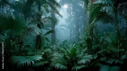 Lush jungle with a lot of green leaves and trees. The sky is cloudy and the light is dim