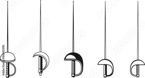 Fencing sword lineup, sabre foil épée styles, vertical blade display, hilt guard comparison, martial arts gear, fencing weapon evolution