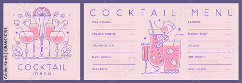 Retro line art restaurant cocktail menu design. Vector illustration