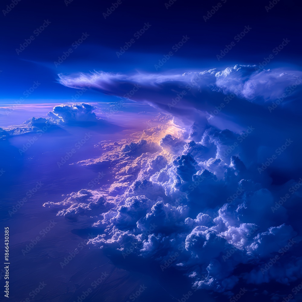 Naklejka premium The sky is filled with clouds and the sun is setting. The clouds are blue and white