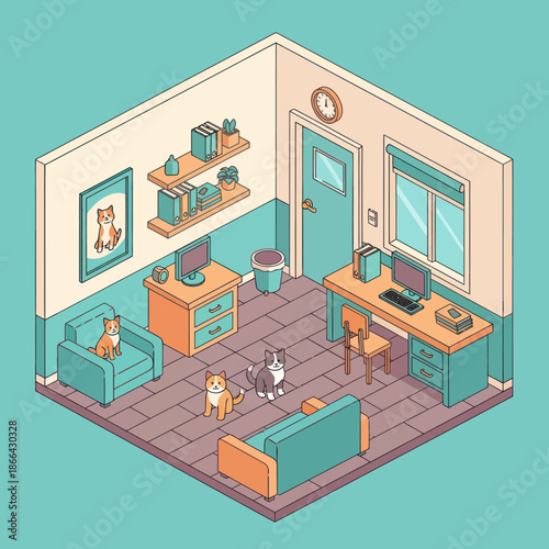 Isometric Room with Pets and Furniture.