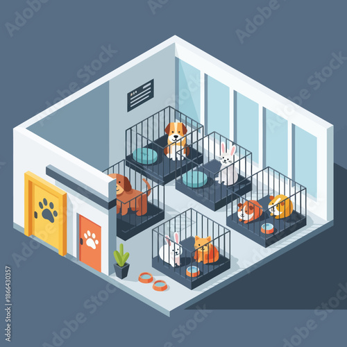 Veterinary Clinic with Dogs in Kennels.