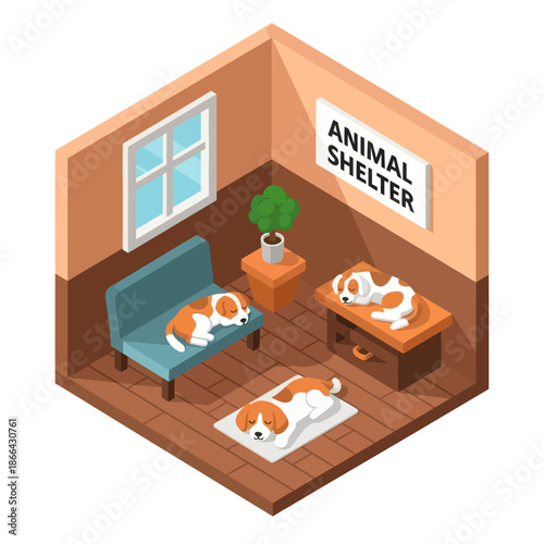 Dogs Resting in Animal Shelter Room.