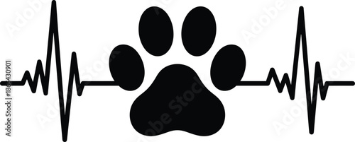 Pet paw print with heartbeat pulse line symbolizing animal love care health monitoring veterinary compassion and pet wellness illustration