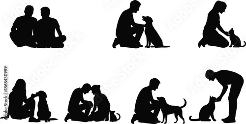 People interacting with pets silhouettes showing love care bonding between humans dogs and cats, animal friendship lifestyle illustration