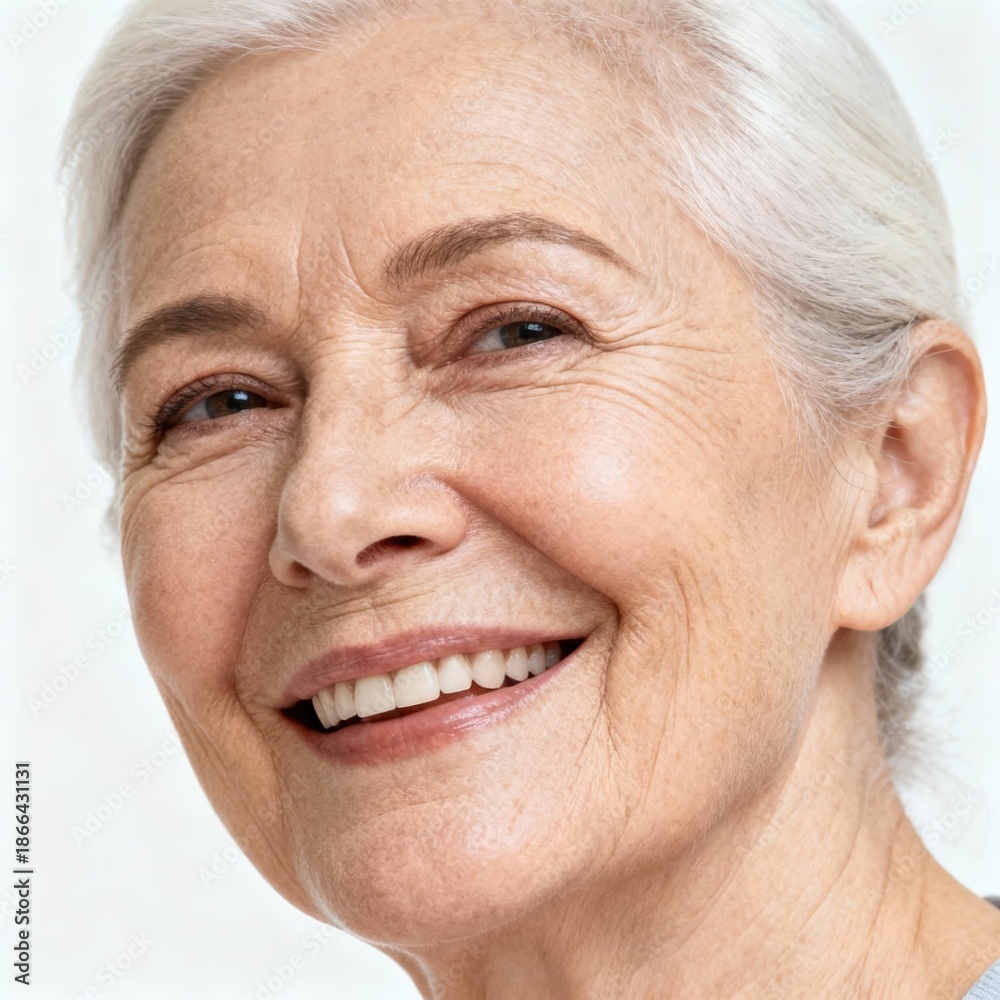 Fototapeta premium Smiling senior woman with silver hair, radiating joy and confidence in a close-up portrait.