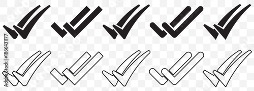 Double check mark icons in black representing confirmation and verification. Double checking icon. Black double tick, check mark. Flat done sticker icon. Accept button On Transparent Background. EPS10