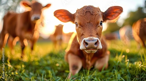 Peaceful Cow in Forest Nature Scene with Green Background
