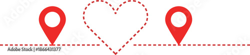 Romantic travel route with heart shape path between map pins, symbolizing love journey, dating destination, relationship navigation concept illustration
