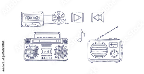 Vintage Audio Set Collection Hand Drawn Doodle Style Boombox Cassette Tape Radio Equipment Vector