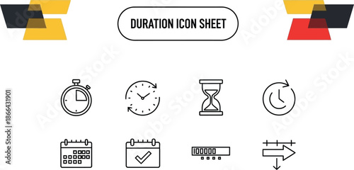 Black outline icon sheet illustrating time duration and scheduling concepts