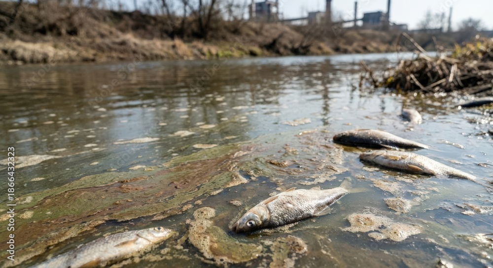 Fototapeta premium Dead fish float in polluted river, environmental damage from industrial waste discharge, ecological abuse