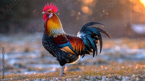 Crazy Rooster with Wild Expression and Energetic Farm Animal Concept
