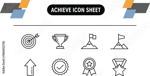 Black outline icon sheet of business goals, success, and achievement symbols