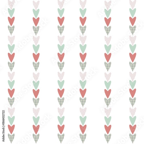 Minimalist seamless pattern featuring vertical rows of multicolored hearts in soft mint, pink, and red. Clean white background design, perfect for Valentine's Day stationery and modern wrapping.