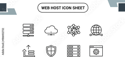Black outline icon sheet of web hosting, servers, and network elements