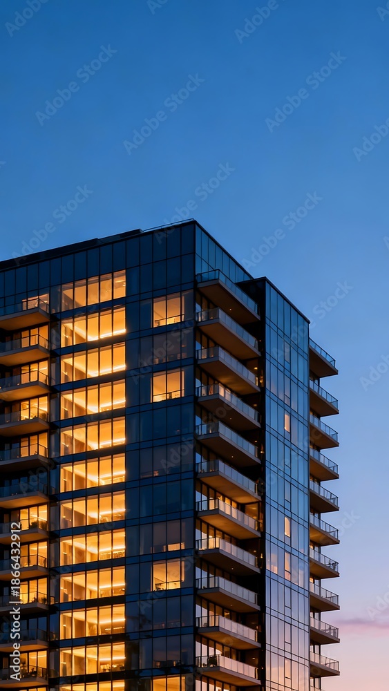 Fototapeta premium Generative AI Modern High-Rise Building with Illuminated Windows at Dusk