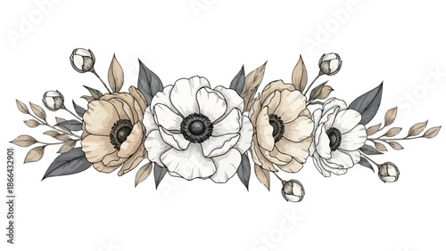 Elegant Neutral Watercolor Anemone Flower Arrangement Illustration