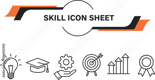 Black outline icon sheet illustrating professional skills and career development